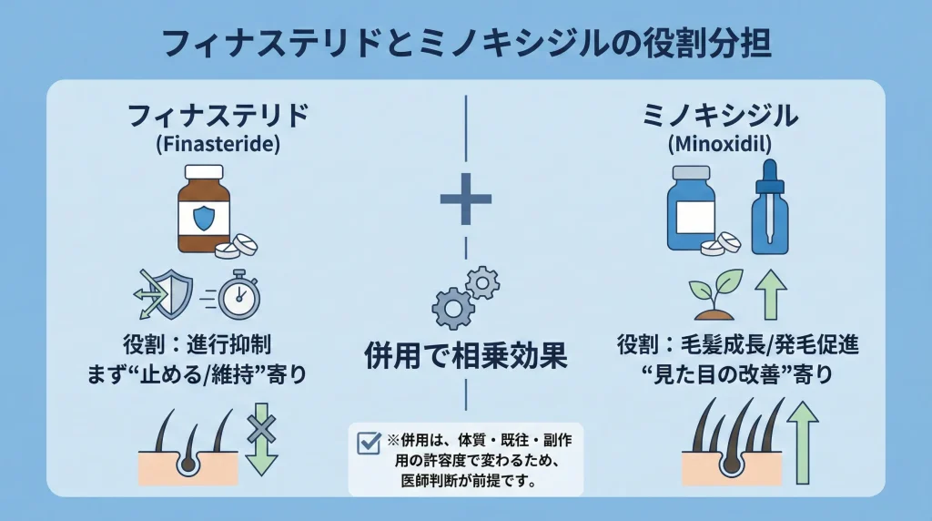 “進行抑制(フィナ)×発毛促進(ミノキ)”の役割分担図