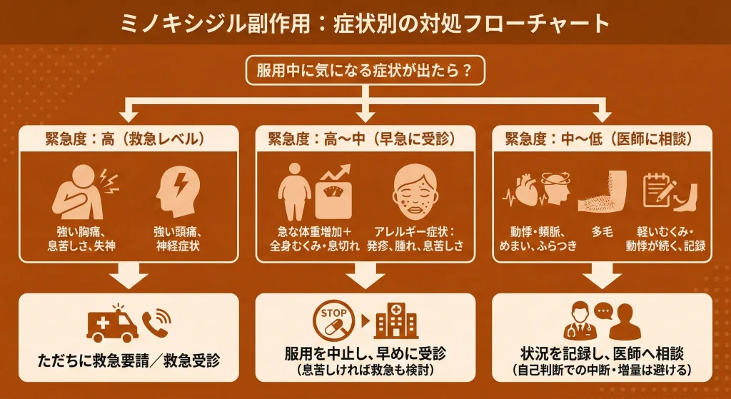 ミノキシジルの副作用で症状が出たときの対処フローチャート図