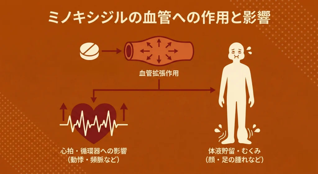 ミノキシジルが血管に作用→心拍・むくみに影響する図