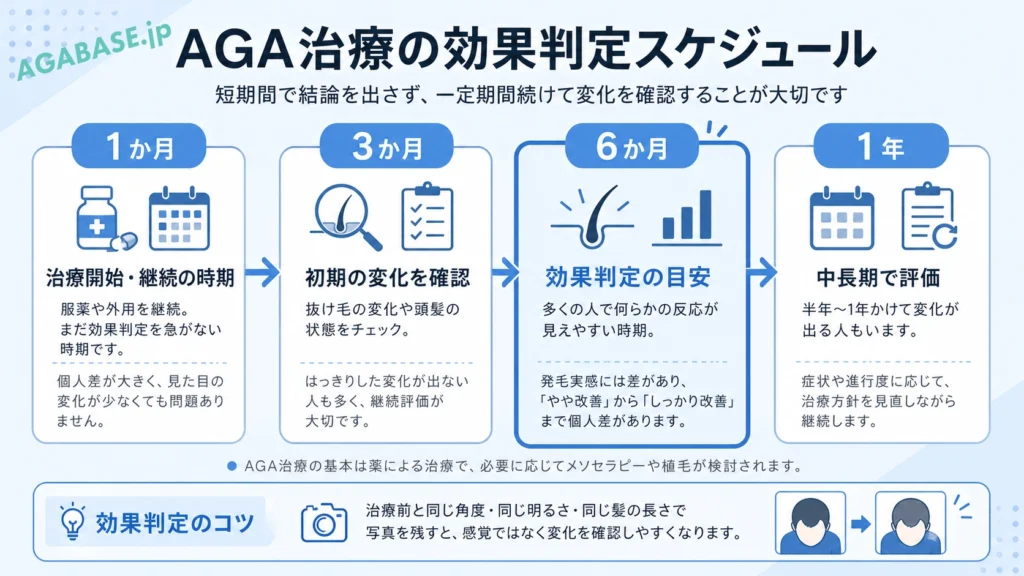 1か月、3か月、6か月、1年の経過目安を並べた治療スケジュール図
