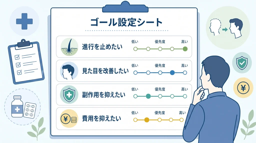 「ゴール設定シート」風の図。①進行を止めたい ②見た目を改善したい ③副作用を抑えたい ④費用を抑えたい の4軸。