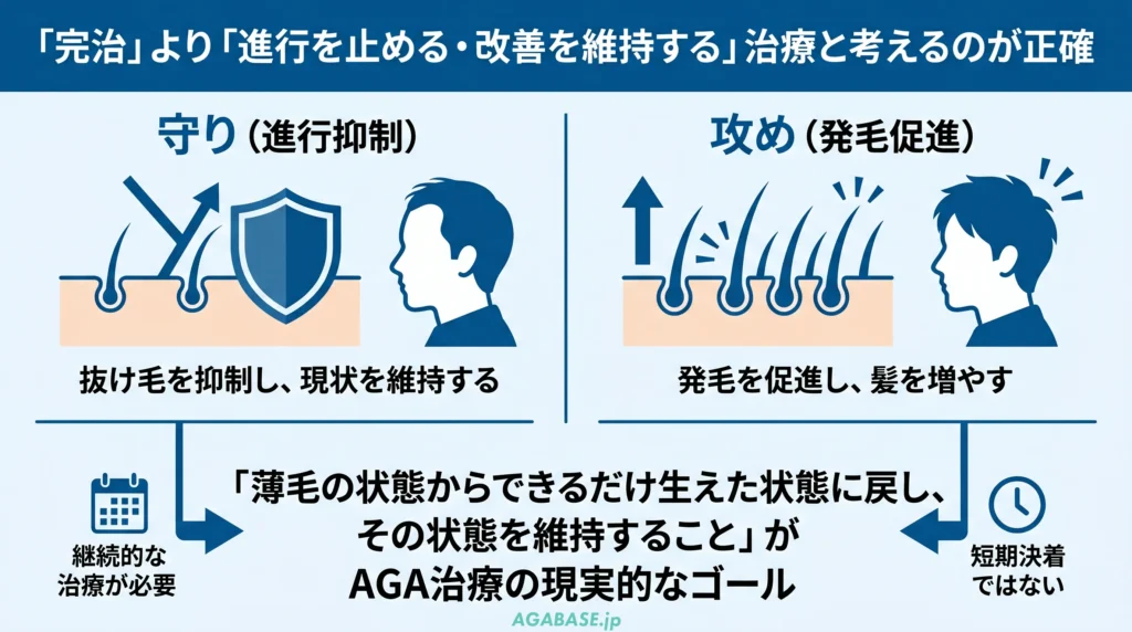 「守り(進行抑制)」と「攻め(発毛促進)」の違いがわかる図