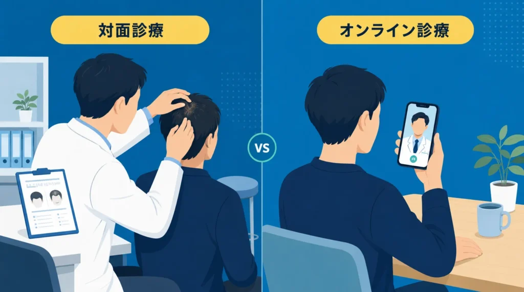 医師が頭皮を直接確認する対面診療と、スマホで受診するオンライン診療を左右で比較した画像