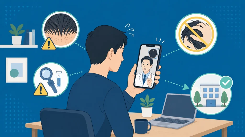 オンライン診療では頭皮確認や触診が難しいことを示す注意喚起画像
