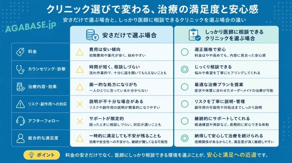 安さだけで選ぶ場合と医師に相談して選ぶ場合の違いを比較した図画像