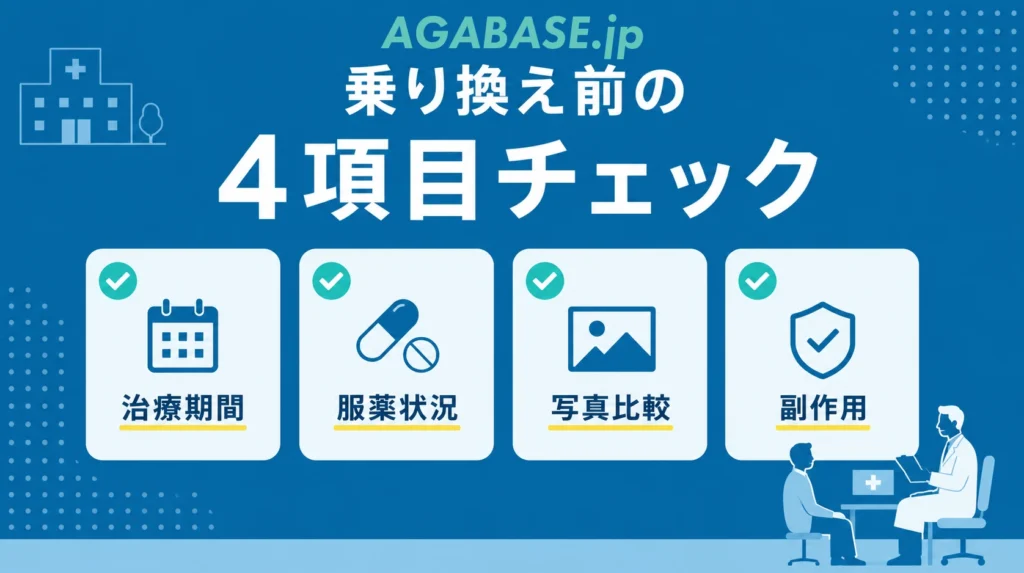 乗り換え前に確認したい「治療期間・服薬状況・写真比較・副作用」の4項目チェック画像