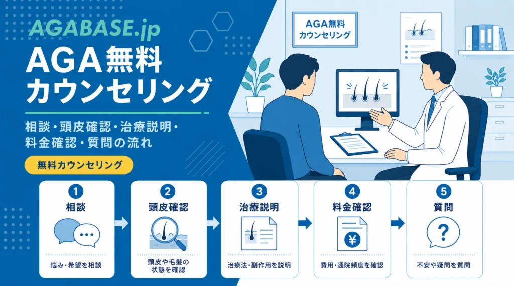 AGA無料カウンセリングで行う内容を「相談・頭皮確認・治療説明・料金確認・質問」に分けた流れ図の画像