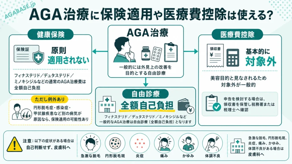 AGA治療の「健康保険・医療費控除・自由診療」の関係を整理した図
