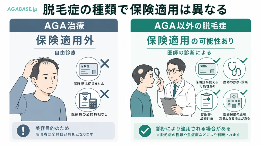AGA治療を「保険適用外」、AGA以外の脱毛症を「保険適用の可能性あり」に分けた図解画像