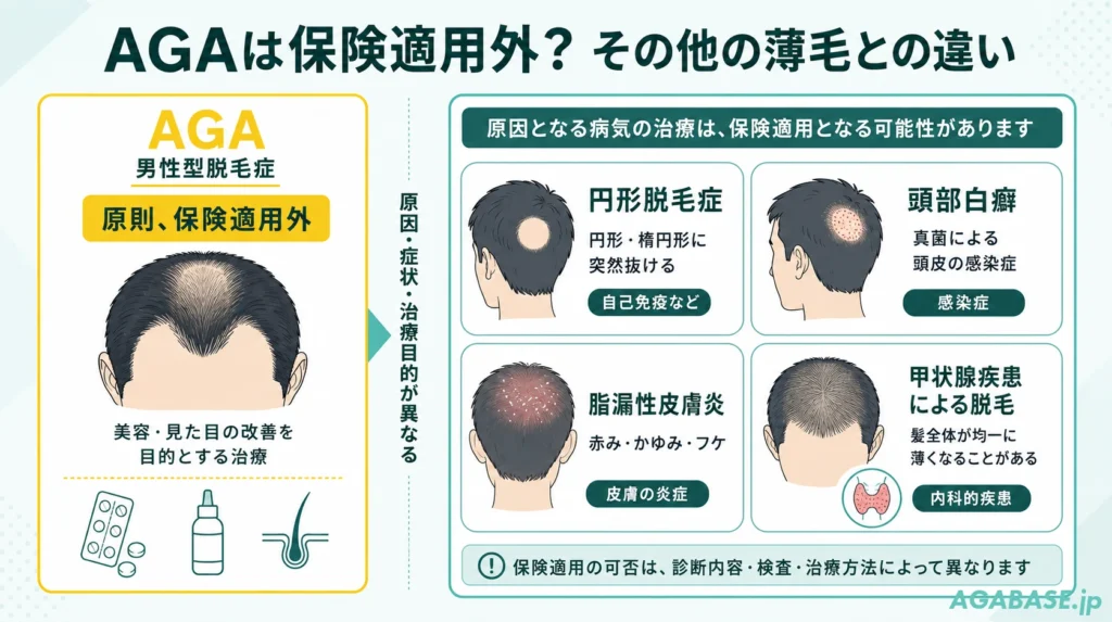 AGA、円形脱毛症、頭部白癬、脂漏性皮膚炎、甲状腺疾患による脱毛の特徴を比較した画像